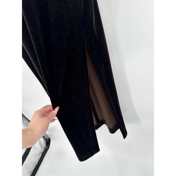 Vintage Y2K Brown Velour Leg Slit V Neck Maxi Dress Formal Party Prom Size 10 - Picture 4 of 8